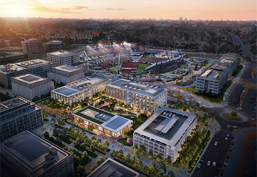 Aerial rendering of SDSU Mission Valley Innovation District