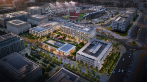 Aerial view rendering of a new campus of lab and amenity buildings next to Snapdragon Stadium