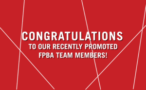 Ferguson Pape Baldwin Architects corporate graphic with a red background overlaid with thin, intersecting white lines that form a web-like pattern. In the center is a bold, white sans-serif capital letters: "Congratulations to our recently promoted FPBA team members!"