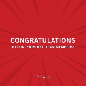 FPBA Announcement graphic with a vibrant red background featuring a dynamic action burst pattern with dark red rays. White text reads: "Congratulations to our promoted team members!"