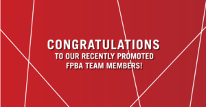 Ferguson Pape Baldwin Architects corporate graphic with a red background overlaid with thin, intersecting white lines that form a web-like pattern. In the center is a bold, white sans-serif capital letters: "Congratulations to our recently promoted FPBA team members!"