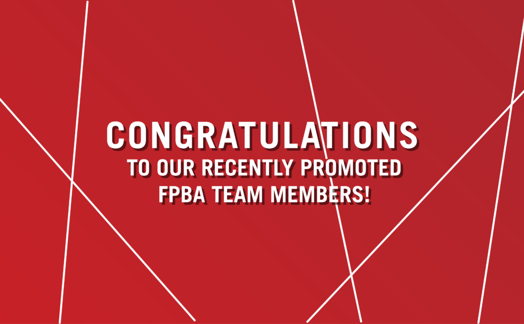 Ferguson Pape Baldwin Architects corporate graphic with a red background overlaid with thin, intersecting white lines that form a web-like pattern. In the center is a bold, white sans-serif capital letters: "Congratulations to our recently promoted FPBA team members!"