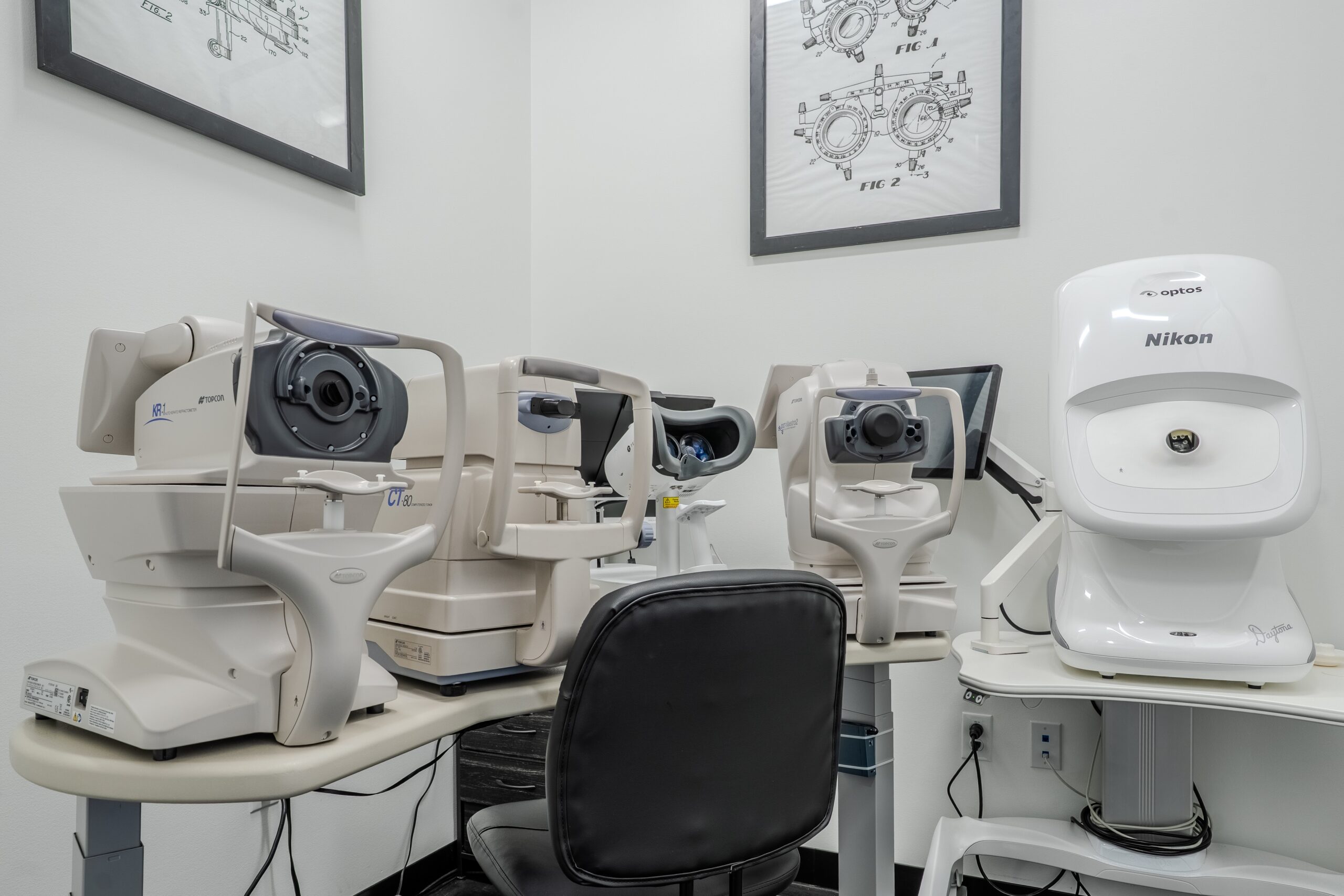 Pre-test room with diagnostic equipment at San Diego Optometry, a healthcare tenant improvement designed by FPBA in San Diego, CA.